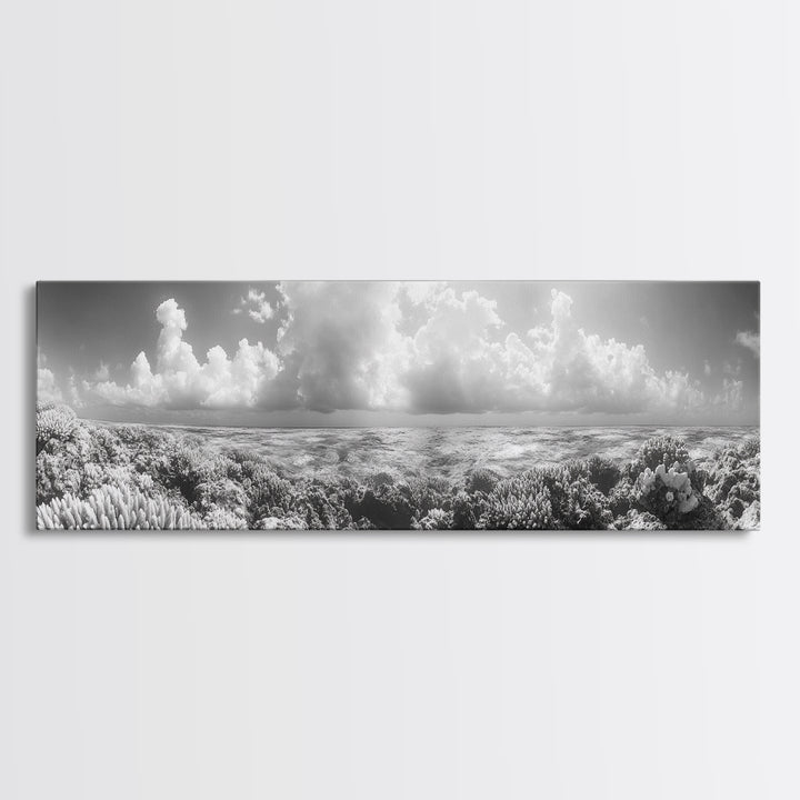 Coral Reef, Ocean Horizon, Cloudscape, Canvas Print, Underwater Nature Photography, Bathroom Wall Art, Marine Coastal Decor