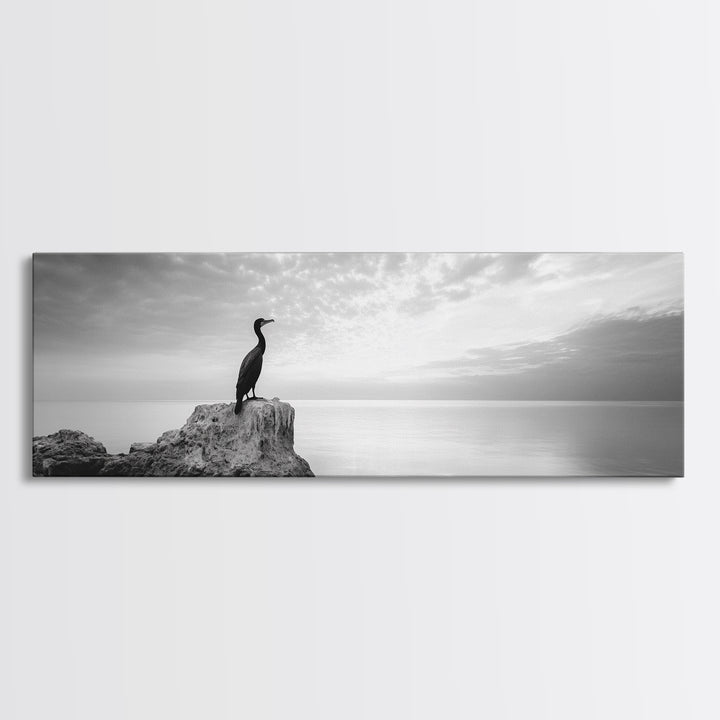 Solitary Bird, Ocean Rock, Minimalist Seascape, Canvas Print, Peaceful Wall Art, Zen Decor, Black and White Living Room Accent
