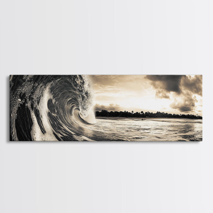 Barrel Wave, Tropical Storm, Surfer’s Dream, Framed Canvas Print, Ocean Power Wall Art, Coastal Living Room Photography Decor