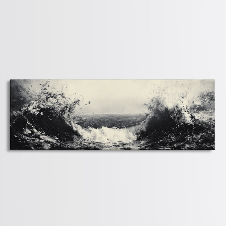 Crashing Waves, Stormy Ocean, Monochrome Surf, Canvas Print, Abstract Seascape Art, Moody Bathroom Decor, Black and White Art Style