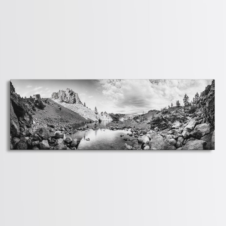 Rocky Lake, Wilderness Reflection, Mountain Calm, Framed Canvas Print, Cabin Nature Wall Art, Rustic Home Decor, Adventure Photography