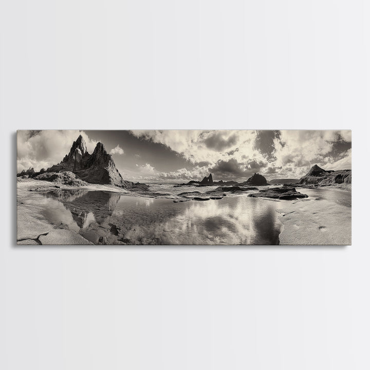 Coastal Rocks, Ocean Reflection, Dramatic Sky, Framed Canvas Print, Beach Landscape Photography, Fall Living Room Wall Art