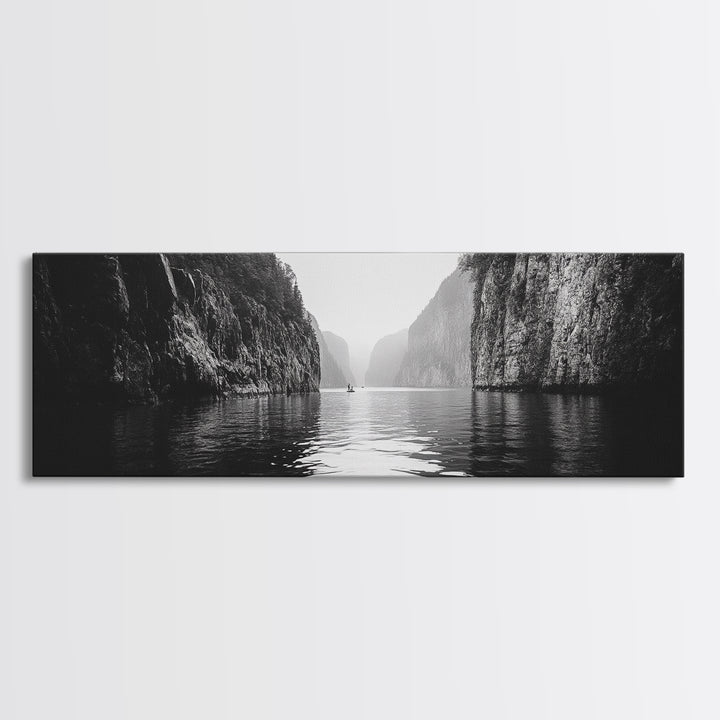Misty Canyon, River Passage, Tranquil Adventure, Canvas Print, Nature Escape Wall Art, Zen Office Decor, Moody Black and White Style