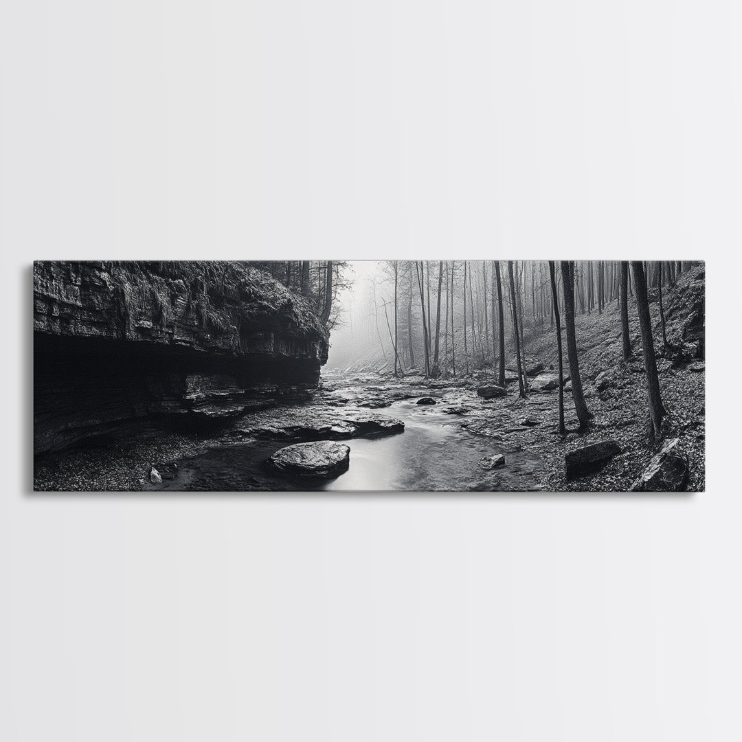 Misty River, Tranquil Forest, Autumn Nature, Monochrome Photography, Framed Canvas Print, Bedroom Wall Art, Rustic Decor, Minimalist Style