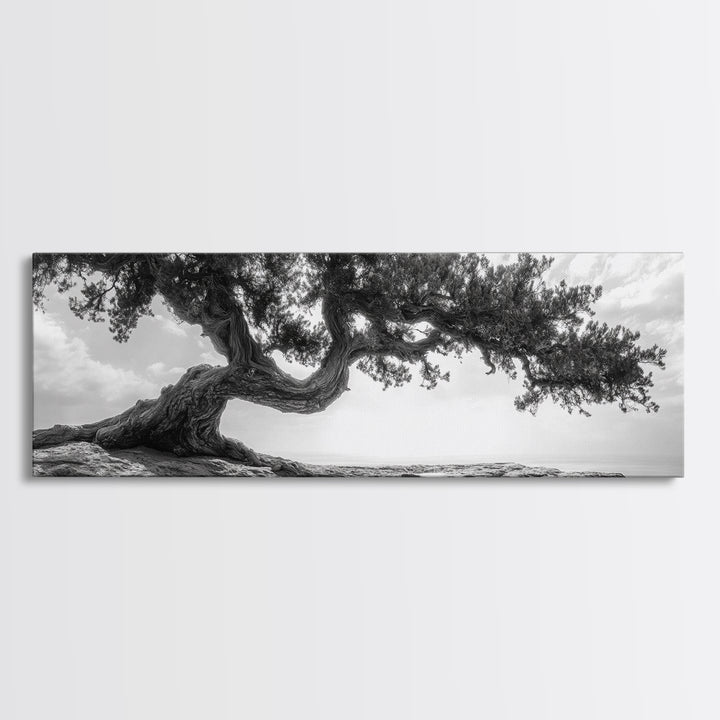 Bending Tree, Windswept Landscape, Coastal Nature, Monochrome Art, Framed Canvas Print, Zen Wall Art, Minimalist Living Room Decor