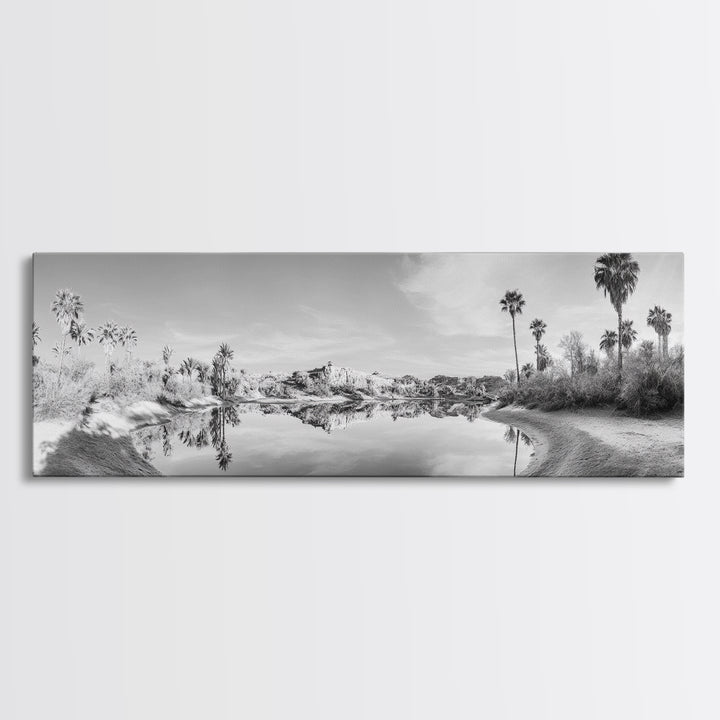 Oasis Reflections, Palm Trees, Desert Scene, Infrared Art Print, Framed Canvas Print, Tropical Wall Art, Boho Bedroom Decor, Tranquil Style