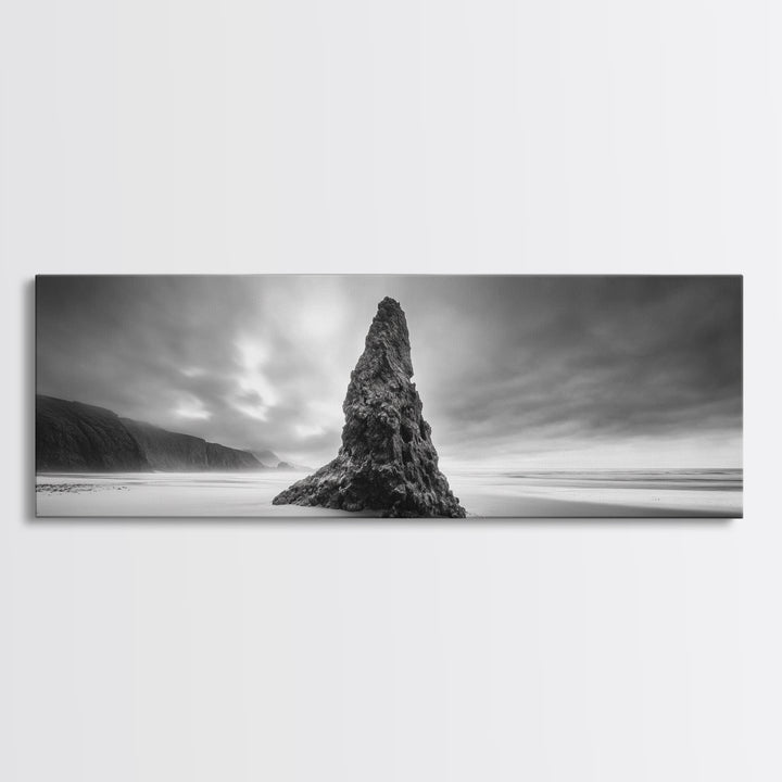 Coastal Monolith, Oregon Seascape, Moody Sky, Dramatic Beach, Framed Canvas Print, Coastal Wall Art, Modern Minimalist Decor