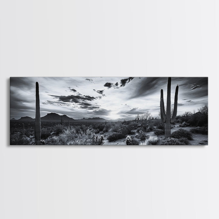 Desert Sunset, Cactus Silhouettes, Southwestern Landscape, Moody Sky Scene, Framed Canvas Print, Western Wall Art, Rustic Office Decor