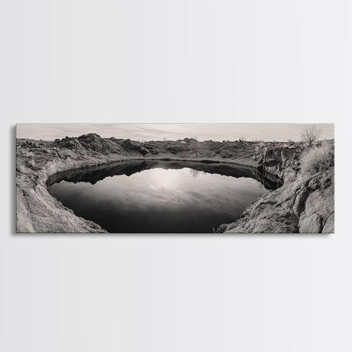 Desert Pool, Reflected Sky, Rugged Terrain, Monochrome Minimalism, Framed Canvas Print, Earthy Wall Art, Neutral Bedroom Decor
