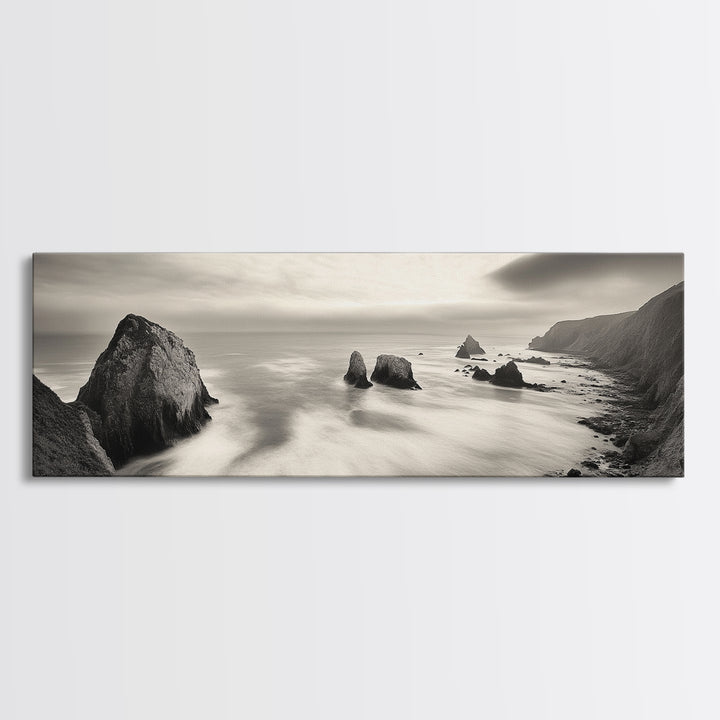 Rocky Coastline, Ocean Cliffs, Soft Waves, Long Exposure Landscape, Framed Canvas Print, Nautical Wall Art, Calm Living Room Decor