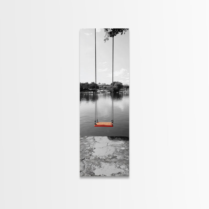 Swing Over Lake, Still Waters, Childhood Memories, Tranquil View – Canvas Print, Minimalist Wall Art, Kids Room Decor, Serene Black and White