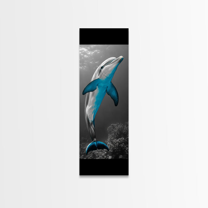 Blue Dolphin, Ocean Glow, Underwater Life, Sea Creature – Framed Canvas Print, Bathroom Wall Art, Coastal Decor, Marine Animal Art