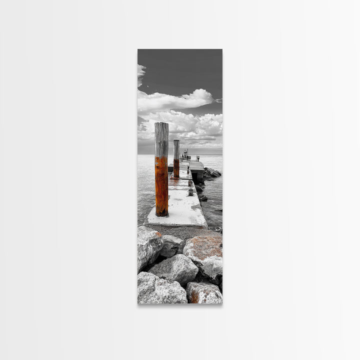 Ocean Dock Scene, Weathered Pier, Seaside Walkway, Framed Canvas Print, Nautical Art, Minimalist Ocean Photography, Coastal Wall Decor