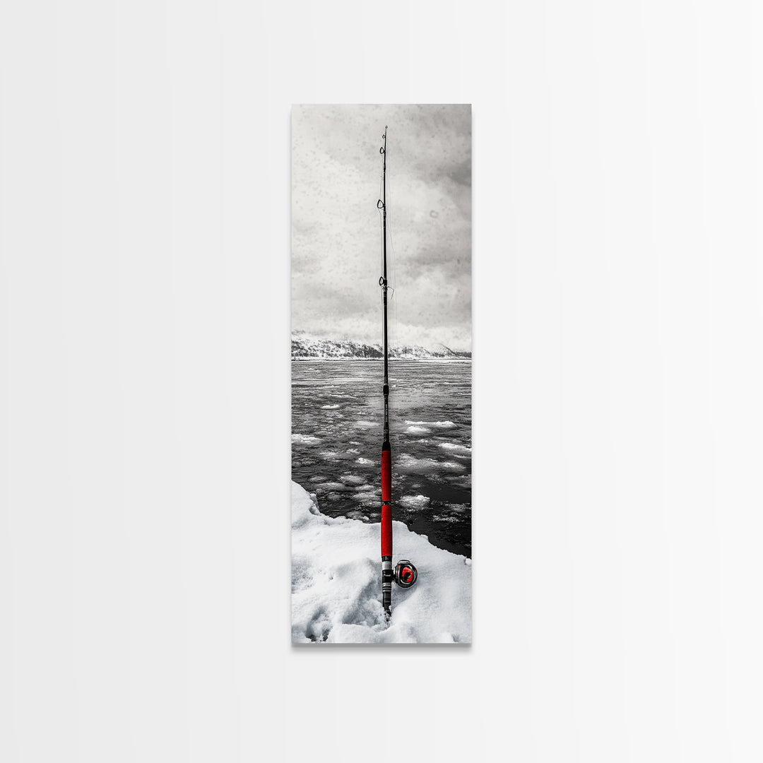 Ice Fishing Rod, Snow Adventure, Winter Sport, Framed Canvas Print, Man Cave Decor, Rustic Cabin Wall Art, Outdoor Lifestyle Photography
