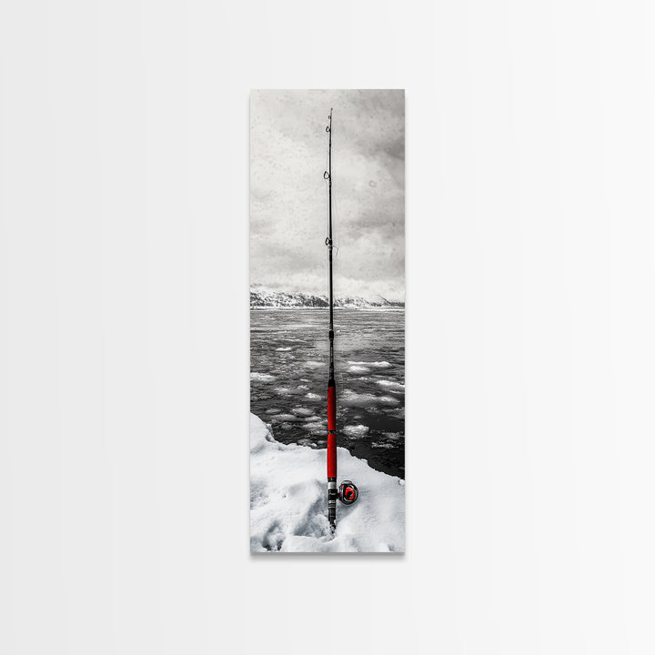 Ice Fishing Rod, Snow Adventure, Winter Sport, Framed Canvas Print, Man Cave Decor, Rustic Cabin Wall Art, Outdoor Lifestyle Photography