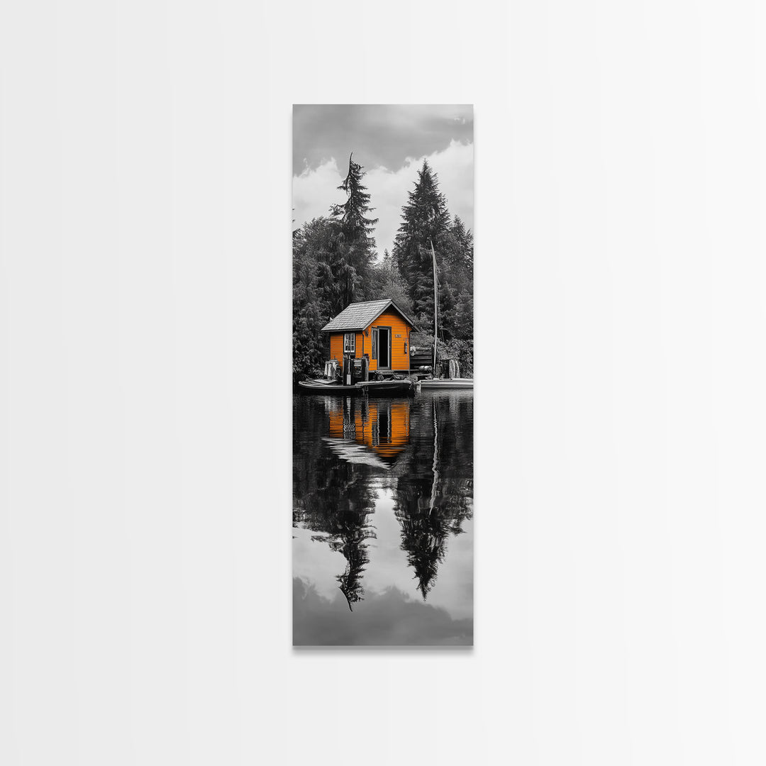Lake Cabin, Reflection Serenity, Forest Escape, Framed Canvas Print, Nature Wall Art, Rustic Lodge Decor, Cabin Living Room Inspiration