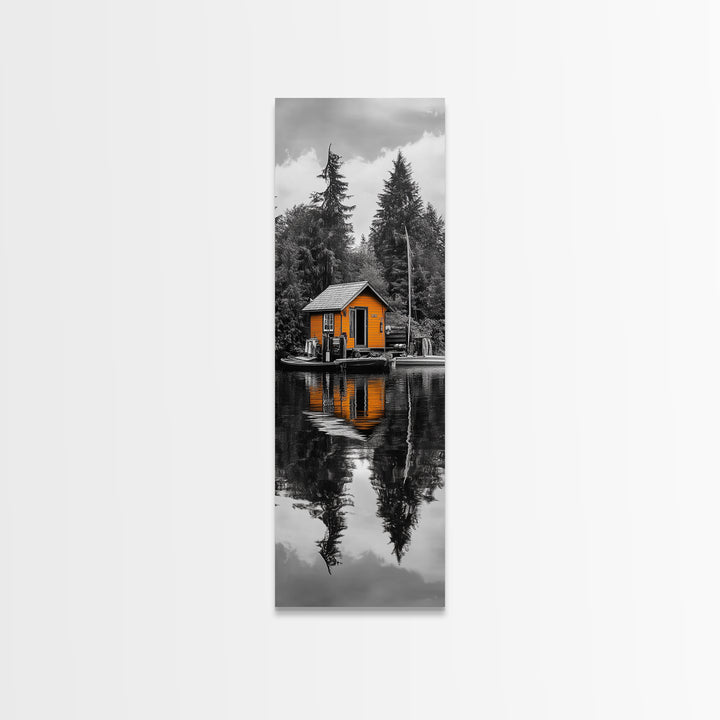 Lake Cabin, Reflection Serenity, Forest Escape, Framed Canvas Print, Nature Wall Art, Rustic Lodge Decor, Cabin Living Room Inspiration