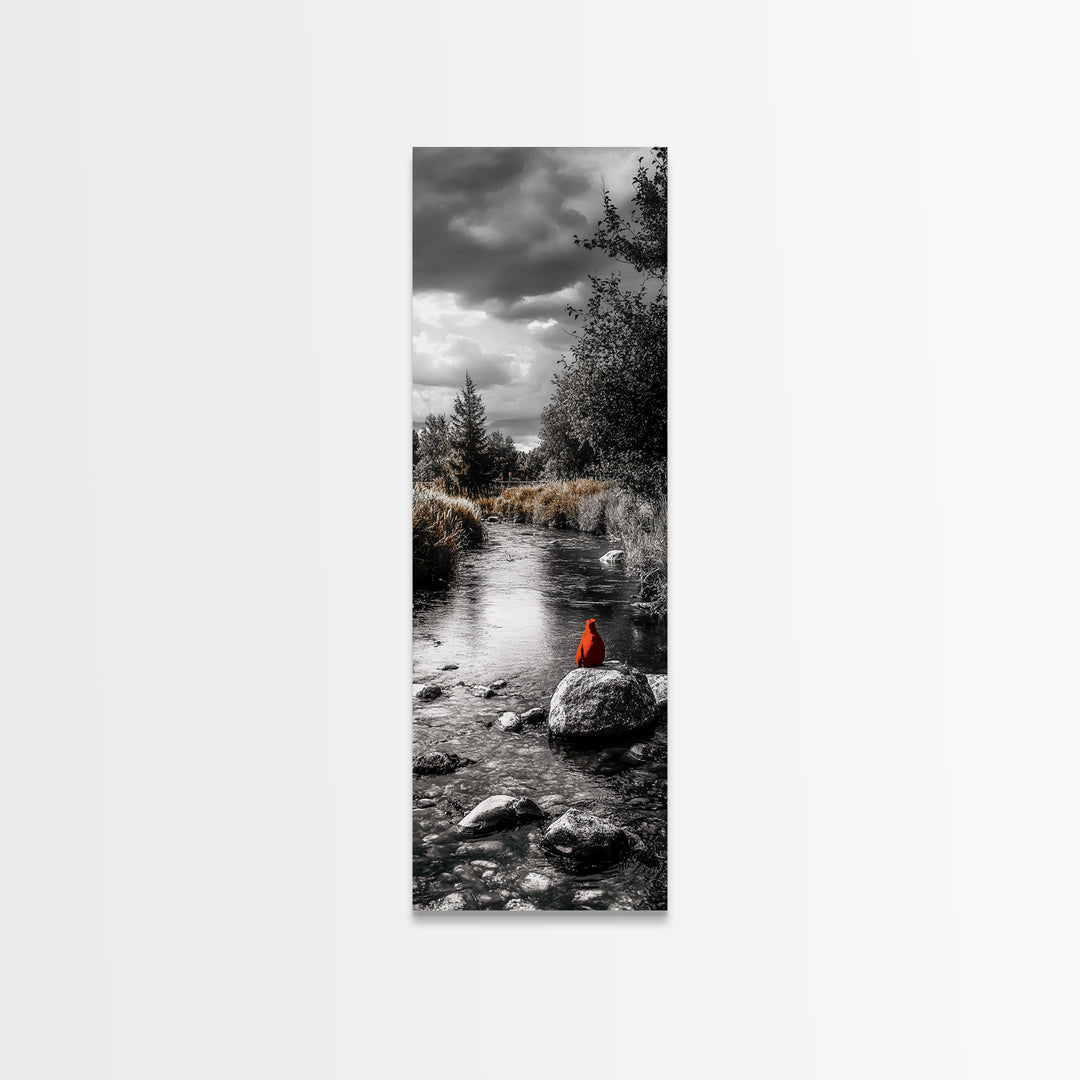 Red Cardinal, River Print, Nature Wildlife Art, Peaceful Landscape, Canvas Print, Rustic Living Room Decor, Autumn Wall Art, Forest Bird