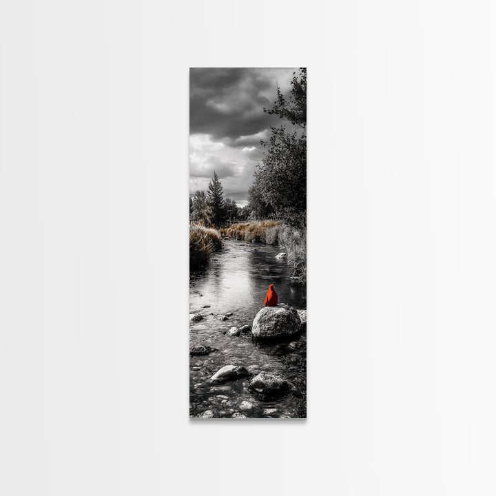 Red Cardinal, River Print, Nature Wildlife Art, Peaceful Landscape, Canvas Print, Rustic Living Room Decor, Autumn Wall Art, Forest Bird