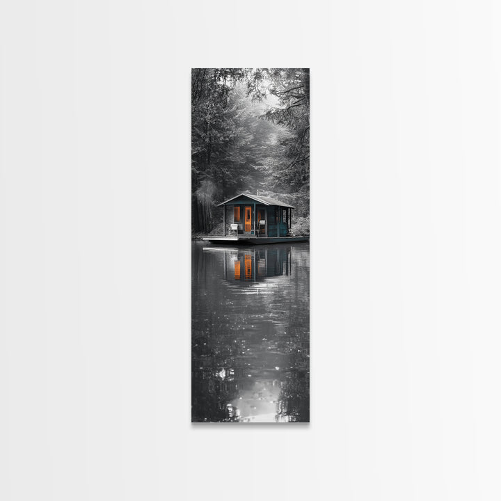 Cabin Reflection, Lake House Art, Cozy Forest Home, Canvas Print, Winter Wall Decor, Rustic Bedroom Artwork, Cabin Lover Gift