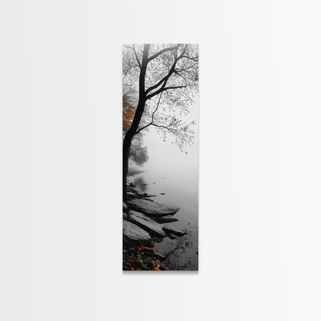 Foggy Lake, Autumn Forest, Peaceful Morning Landscape, Canvas Print, Minimalist Wall Art, Zen Bedroom Decor, Serene Fall Artwork