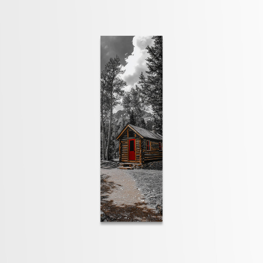 Log Cabin, Red Door, Mountain Home, Cozy Retreat, Framed Canvas Print, Rustic Wall Art, Lodge Decor, Fall Cabin Vibes, Country Living