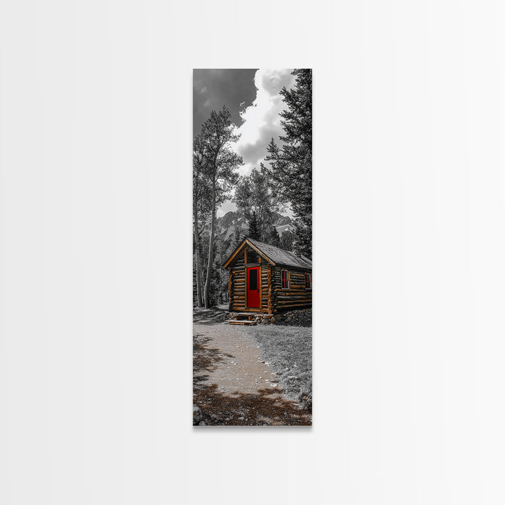 Log Cabin, Red Door, Mountain Home, Cozy Retreat, Framed Canvas Print, Rustic Wall Art, Lodge Decor, Fall Cabin Vibes, Country Living
