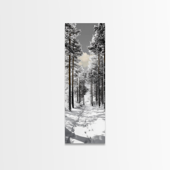 Snow Path, Winter Forest, Frosty Pines, Silent Trail, Framed Canvas Print, Christmas Wall Art, Cabin Decor, Nordic Winter Scene