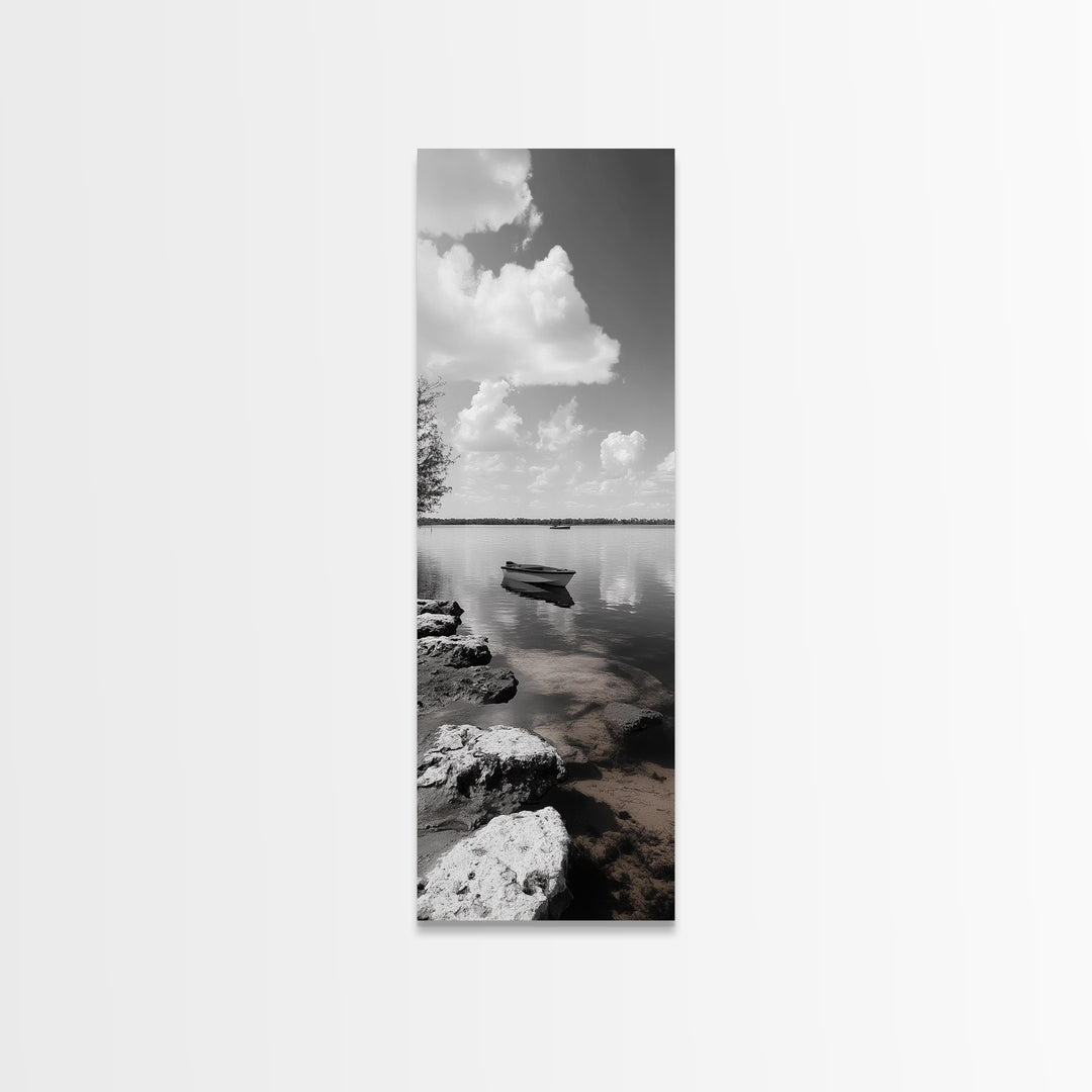 Monochrome Boat Lake, Peaceful Dockside, Still Waters, Minimal Calm, Framed Canvas Print, Bedroom Wall Art, Black White Photography