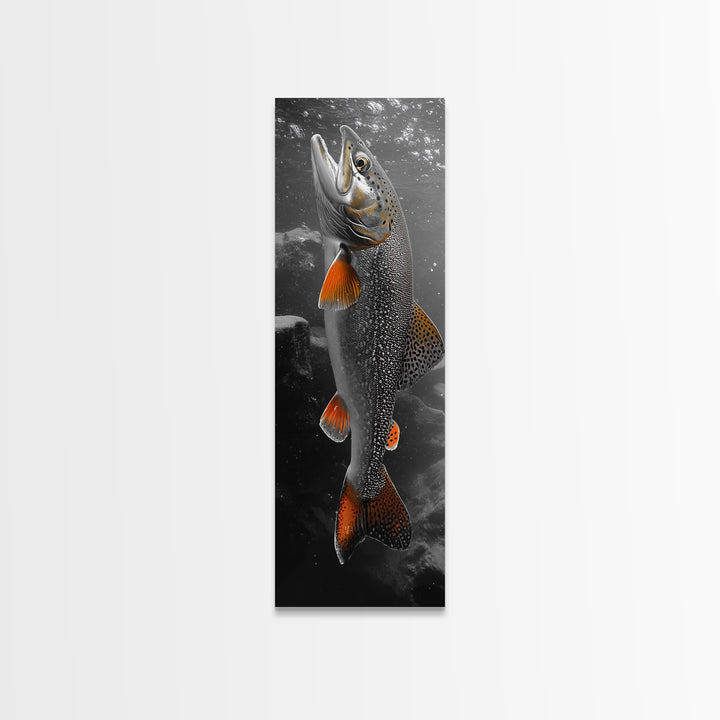 Trout Fishing Print, Underwater Scene, Orange Fins Fish, Rustic Wildlife, Framed Canvas Print, Cabin Decor, Man Cave Wall Art