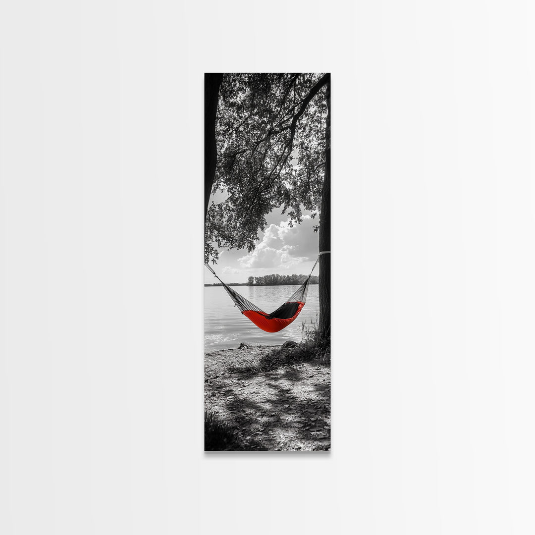 Red Hammock Escape, Nature Lake Art, Serene Moment, Outdoor Vibes, Framed Canvas Print Rustic Bedroom Wall Art, Minimalist Landscape