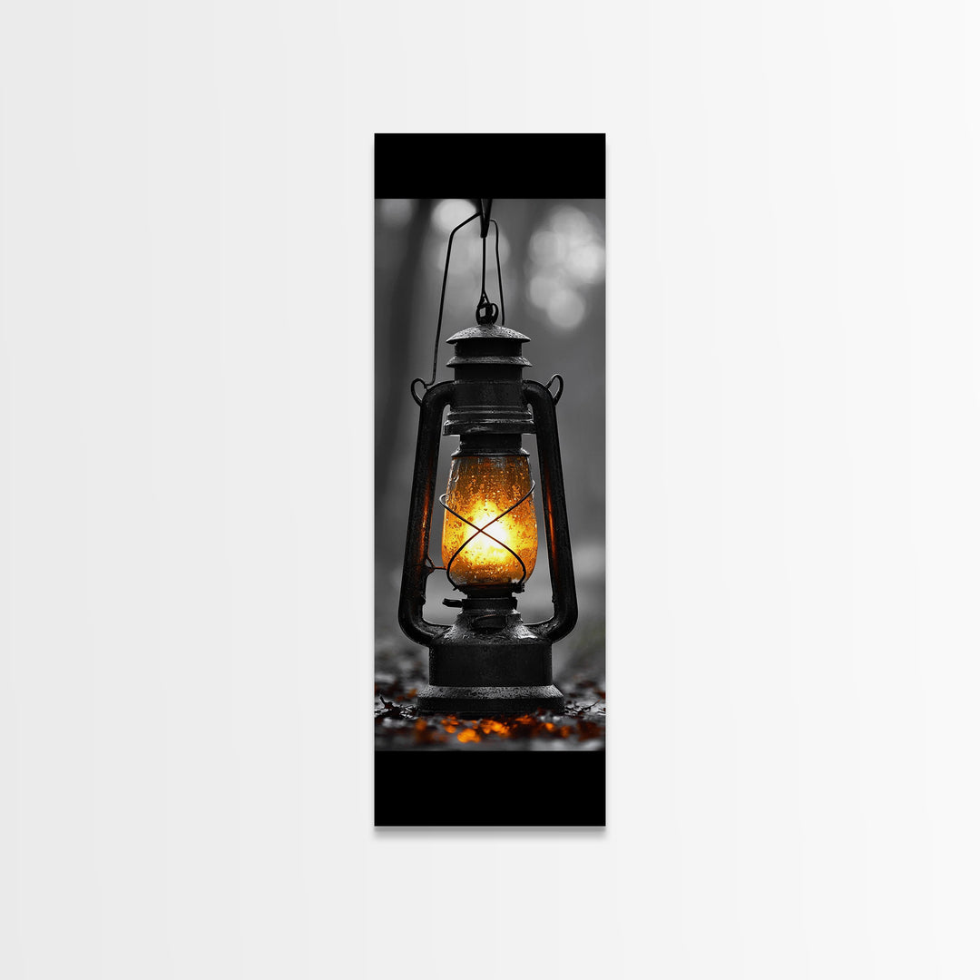 Vintage Lantern Glow, Moody Forest Scene, Rainy Night Light, Framed Canvas Print Rustic Entryway Wall Art, Autumn Warmth Art Style