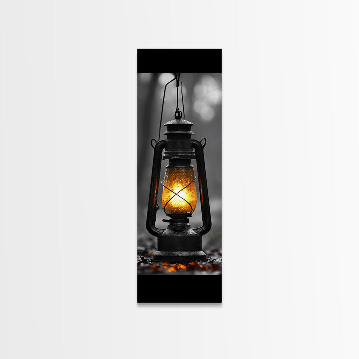 Vintage Lantern Glow, Moody Forest Scene, Rainy Night Light, Framed Canvas Print Rustic Entryway Wall Art, Autumn Warmth Art Style