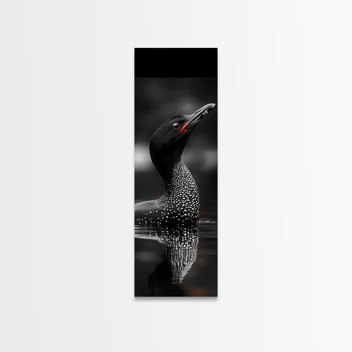 Loon Bird, Red Eye, Monochrome Wildlife, Nature Framed Canvas Print, modern living room wall art, black and white animal art