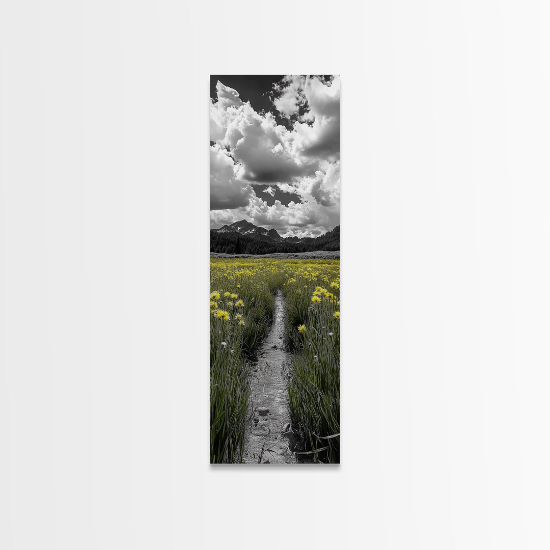Yellow Field, Mountain Trail, Alpine Meadow, Bright Sky Framed Canvas Print, nature lover gift, landscape wall decor, cabin wall art
