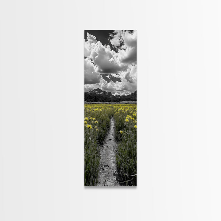 Yellow Field, Mountain Trail, Alpine Meadow, Bright Sky Framed Canvas Print, nature lover gift, landscape wall decor, cabin wall art