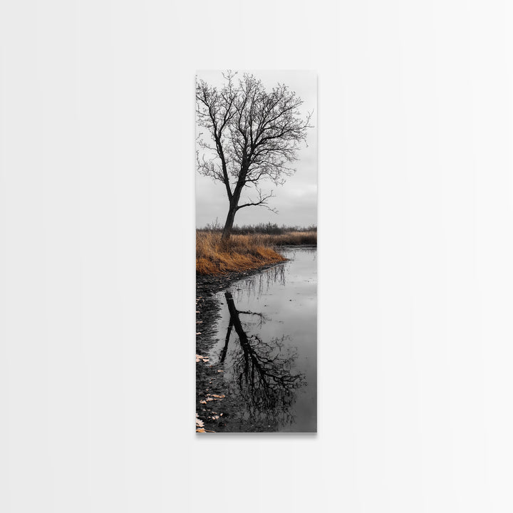 Bare Tree, Marsh Reflection, Autumn Tones, Moody Nature Framed Canvas Print, fall farmhouse wall art, rustic entryway decor, office wall art