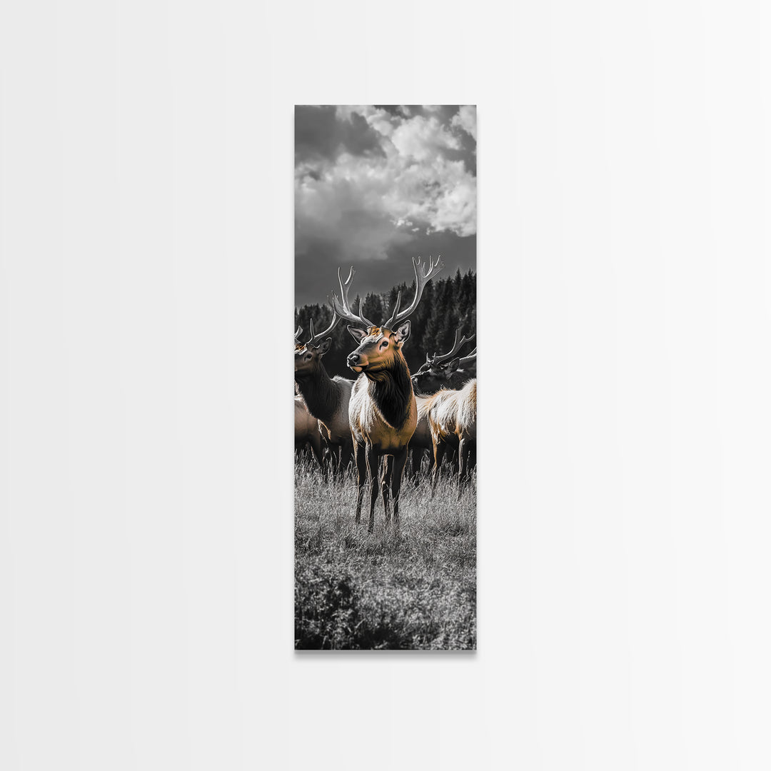 Majestic Elk, Forest Wildlife, Autumn Scene, Nature Herd, Framed Canvas Print, rustic lodge decor, cabin wall art, woodland style