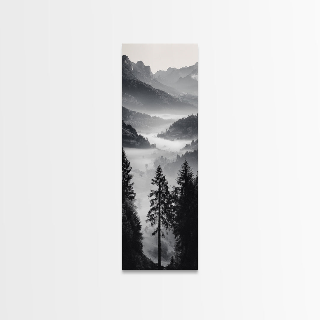 Foggy Mountains, Pine Forest, Valley Mist, Calm Landscape, Canvas Print, entryway wall art, cozy cabin vibes, grayscale art style