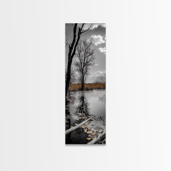 Swamp Trees, Moody Waters, Golden Lilies, Reflective Pond, Framed Canvas Print, Autumn Wall Art, Nature Decor, Living Room Landscape