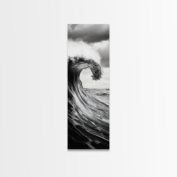 Ocean Wave, Monochrome Surf, Nature Power, Dramatic Sea, Framed Canvas Print, Coastal Wall Decor, Modern Bathroom Art, Minimalist Ocean Art