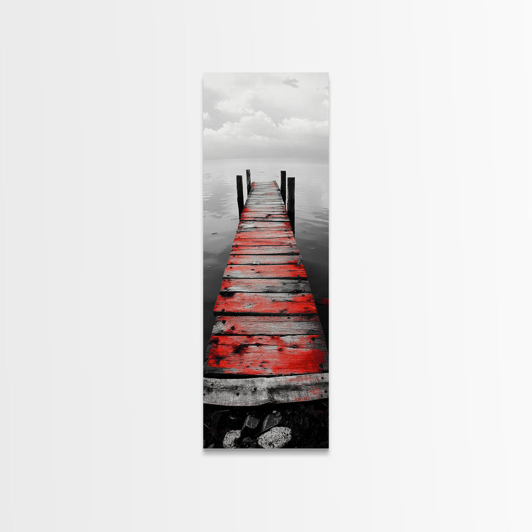 Red Dock, Still Water, Rustic Lake, Quiet Pier, Canvas Print, Bedroom Wall Art, Moody Lake Photography, Autumn Cabin Decor, Minimalist