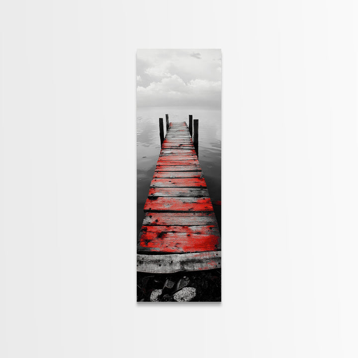 Red Dock, Still Water, Rustic Lake, Quiet Pier, Canvas Print, Bedroom Wall Art, Moody Lake Photography, Autumn Cabin Decor, Minimalist