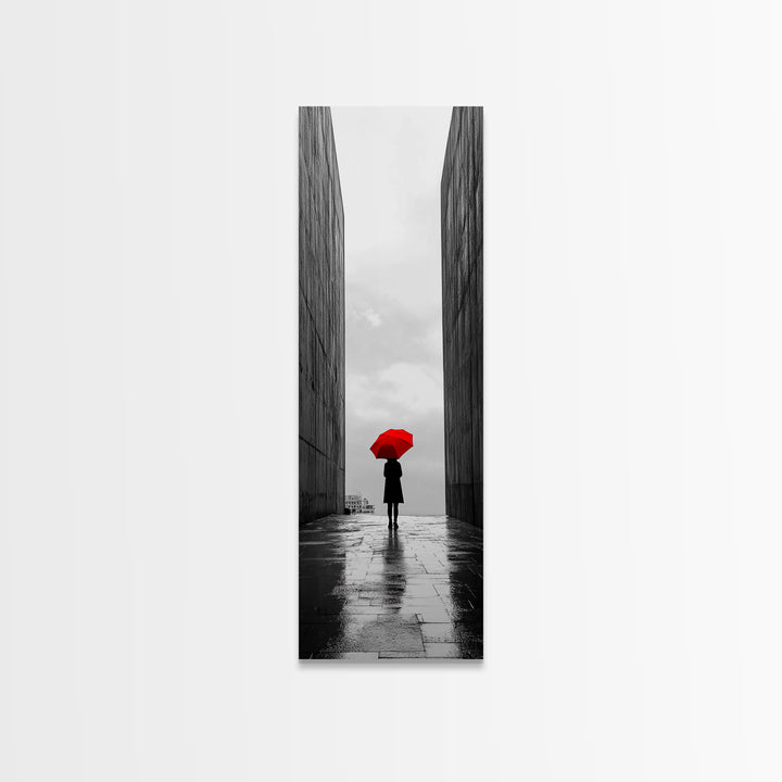 Red Umbrella, Rainy Day, Urban Silhouette, Framed Canvas Print, Minimalist Wall Art, Modern Entryway Decor, Monochrome Mood
