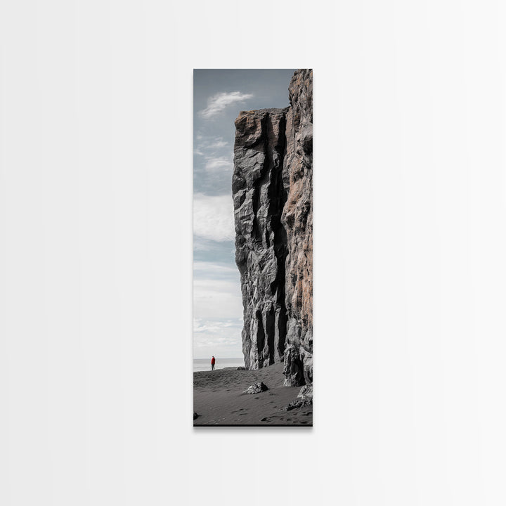 Cliff Wall, Ocean View, Lone Hiker, Rugged Coast, Framed Canvas Print, Adventure Art, Minimalist Decor, Office Wall Art, Modern Nature