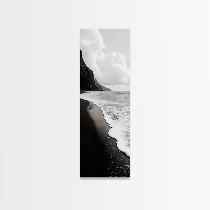 Black Sand, Ocean Foam, Rocky Shoreline, Coastal Serenity, Framed Canvas Print, Monochrome Wall Art, Bathroom Decor, Beach Minimalist