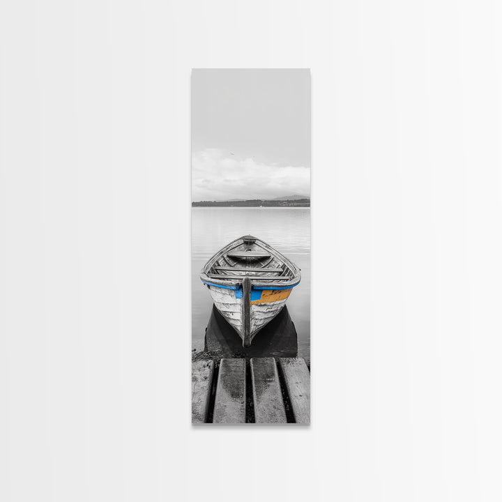 Rowboat Front, Calm Water, Lake Stillness, Serene View, Framed Canvas Print, Nautical Decor, Minimalist Art, Coastal Living Room