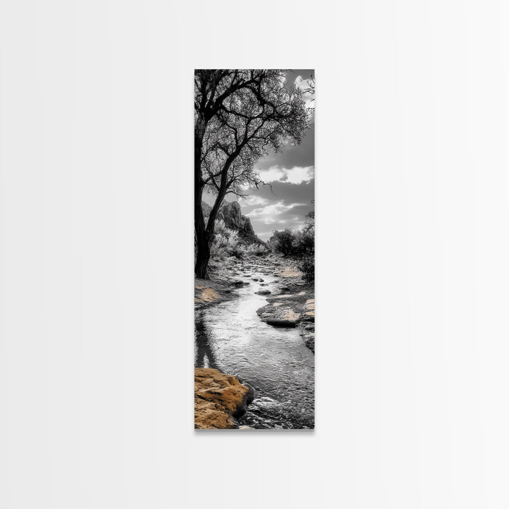 Desert Creek, Rocky Stream, Black and White Nature, Framed Canvas Print, Minimalist Southwest Art, Bedroom Decor, Monochrome Landscape