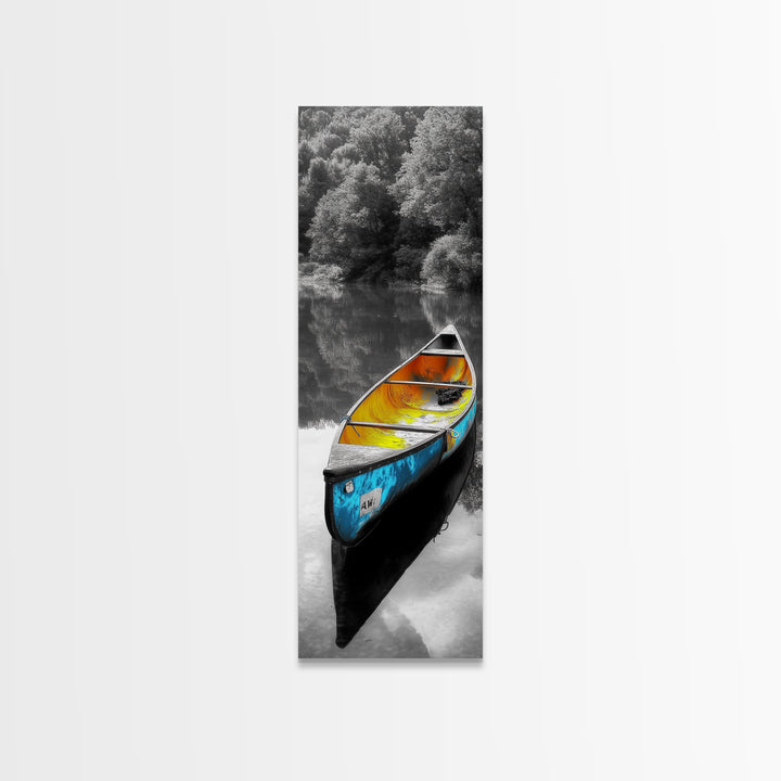 Blue and Yellow Canoe, Calm River Reflections, Rustic Boat Scene, Framed Canvas Print, Autumn Wall Art, Nature Inspired Decor