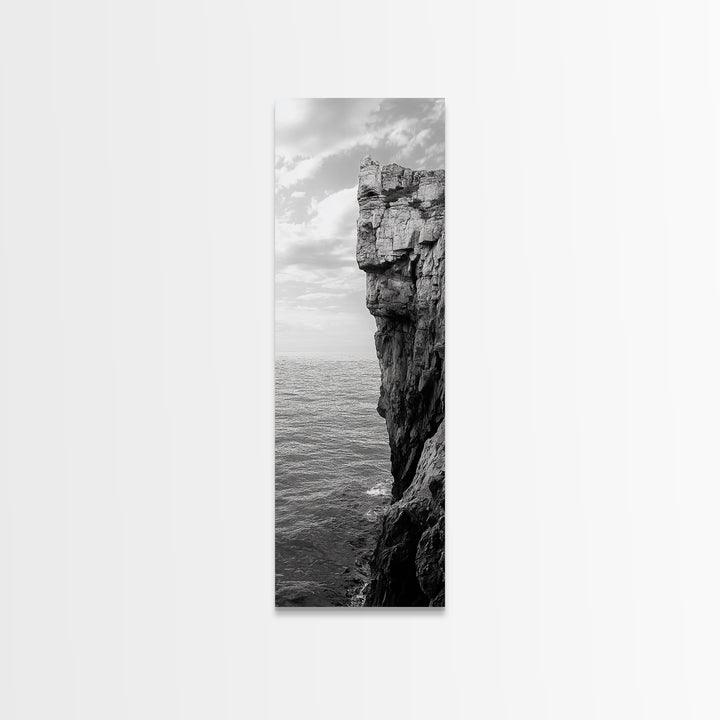 Ocean Cliff Edge, Rugged Coastline Art, Black White Landscape Print, Framed Canvas Print, Modern Seaside Office Wall Decor, Moody Landscape
